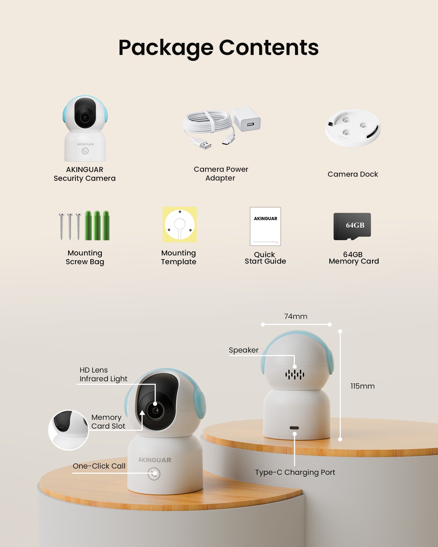 4K 8MP Indoor Security Camera with 64GB Memory Card, 5GHz/2.4GHz WiFi Camera, 360° Pan/Tilt IP Camera, Auto Tracking, AI Human/Face/Pet Detection, Night Vision, 2-Way Audio, One-Touch Call
