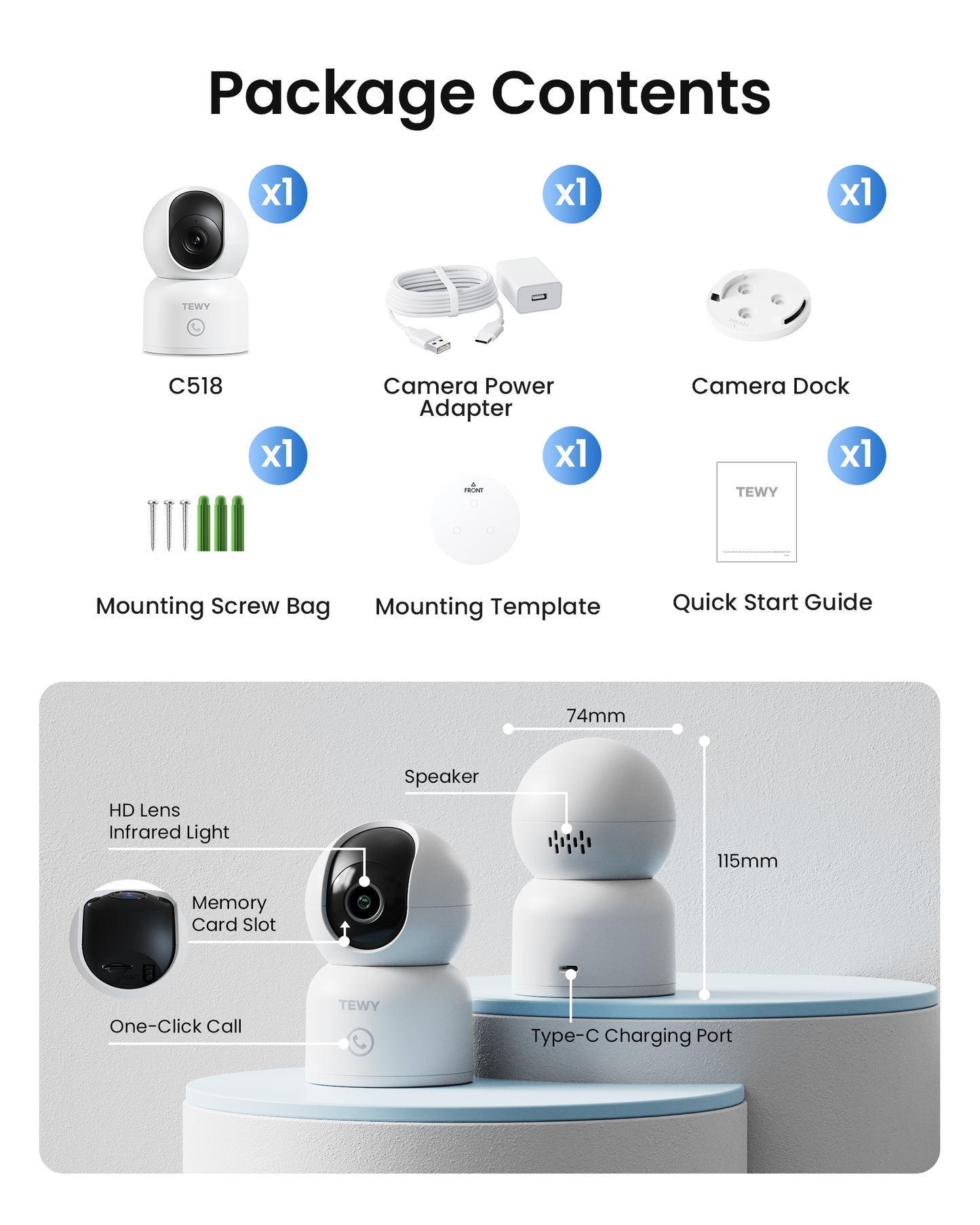 TEWY 8MP UHD Indoor WiFi Camera, Pan Tilt Zoom