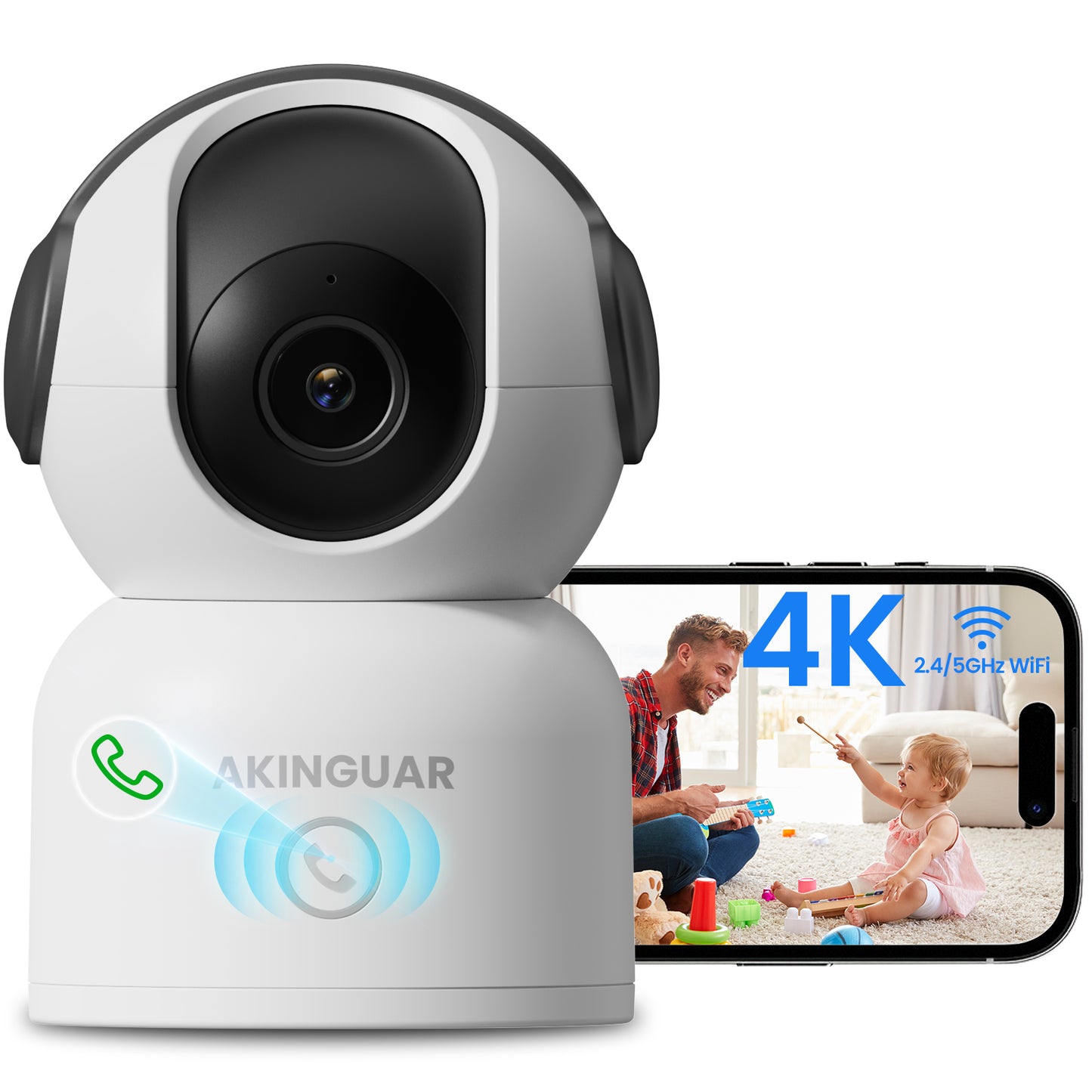 4K 8MP WiFi Camera, 4K 8MP 360°Pan/Tilt Indoor Camera, 2-Way Talk, One-Touch Calling, Full-Color Night Vision in Low Light, Smart AI Detection, Auto Tracking, for Kids/Elderly/Pets, Black