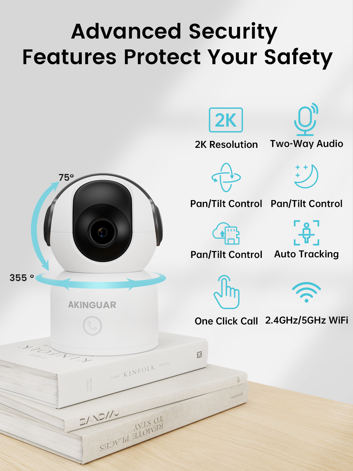 2K Indoor Cameras, 360°Pan/Tilt WiFi Security Camera for Home, with Motion Detection & One-Touch Call, IR Night Vision, Compatible with Alexa