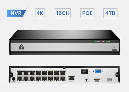 16CH Network Video Recorder for Home Security Camera System, 4K POE Network Video Recorder with 2TB HDD, Supports 4K/5MP/4MP/3MP/2MP HD The Same Brand PoE Cameras 24/7 Recording, H.265+