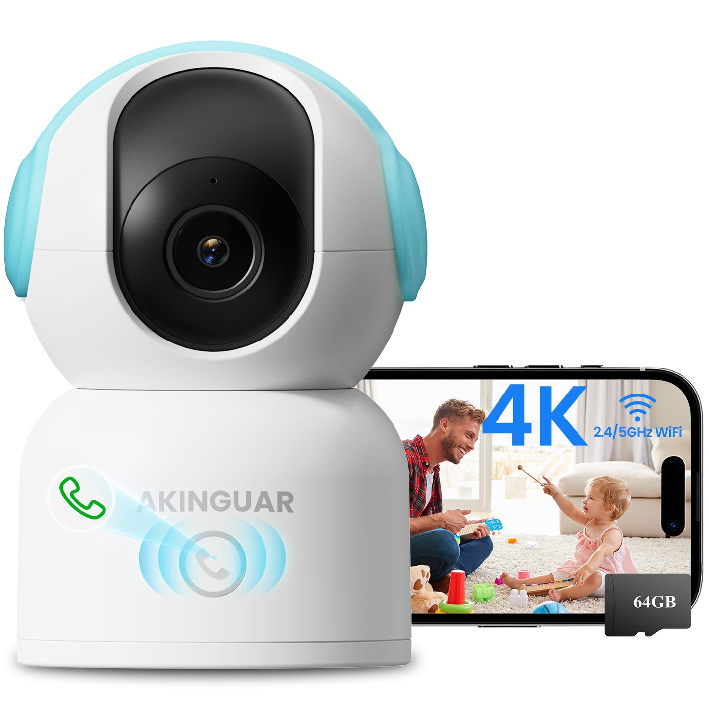 4K 8MP Indoor Security Camera with 64GB Memory Card, 5GHz/2.4GHz WiFi Camera, 360° Pan/Tilt IP Camera, Auto Tracking, AI Human/Face/Pet Detection, Night Vision, 2-Way Audio, One-Touch Call