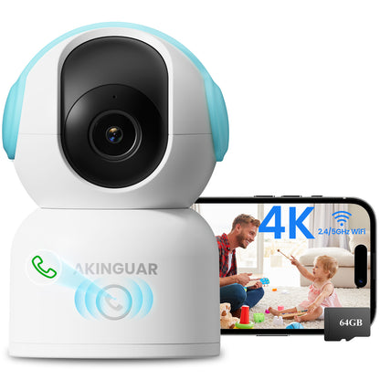 4K 8MP Indoor Security Camera with 64GB Memory Card, 5GHz/2.4GHz WiFi Camera, 360° Pan/Tilt IP Camera, Auto Tracking, AI Human/Face/Pet Detection, Night Vision, 2-Way Audio, One-Touch Call
