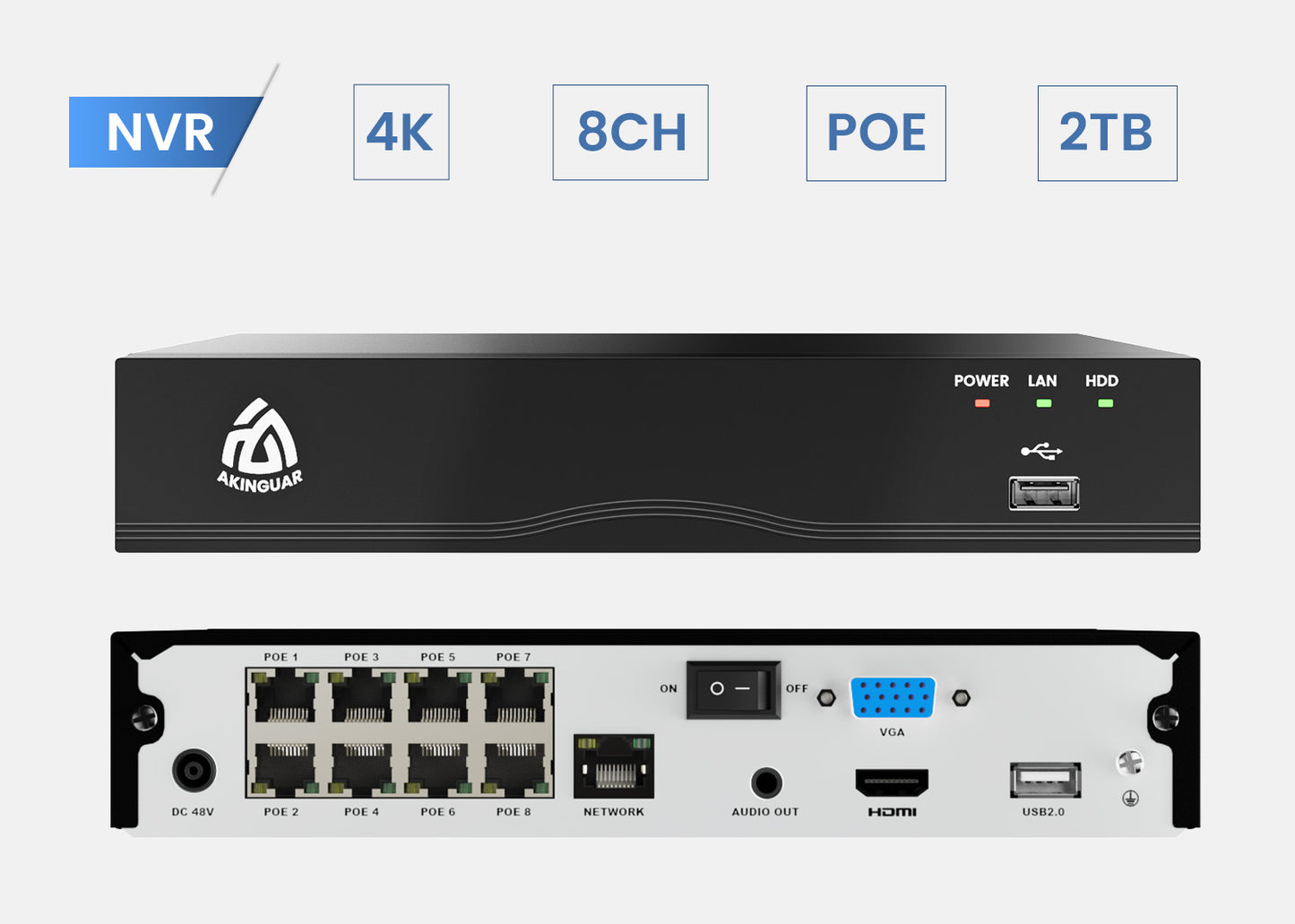 4K PoE NVR CCTV Recorder 8 Channel H.265+ POE Network Video Recorder with 2TB Hard Drive Smart AI Human/Vehicle Detection, Supports 4K/5MP/4MP/3MP/2MP HD PoE Cameras 24/7 Recording