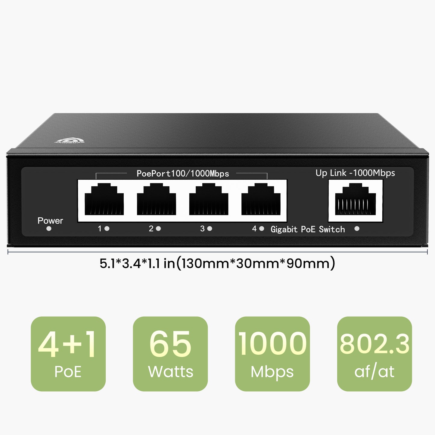 4 Port Gigabit PoE Switch with a Uplink Gigabit Port, 1000 Mbps Unmanaged Ethernet Switch with 65W Total Power, Metal Casing, Plug and Play, Desktop or Wall-Mount
