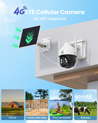 4G LTE Cellular Security Camera, Wireless Solar Security Camera Built in SIM Card, No Wi-Fi Outdoor Solar Powered Camera, 360° Live View, 2K 4MP Color Night Vision, 2 Way Talk, PIR Motion Detection & Alert