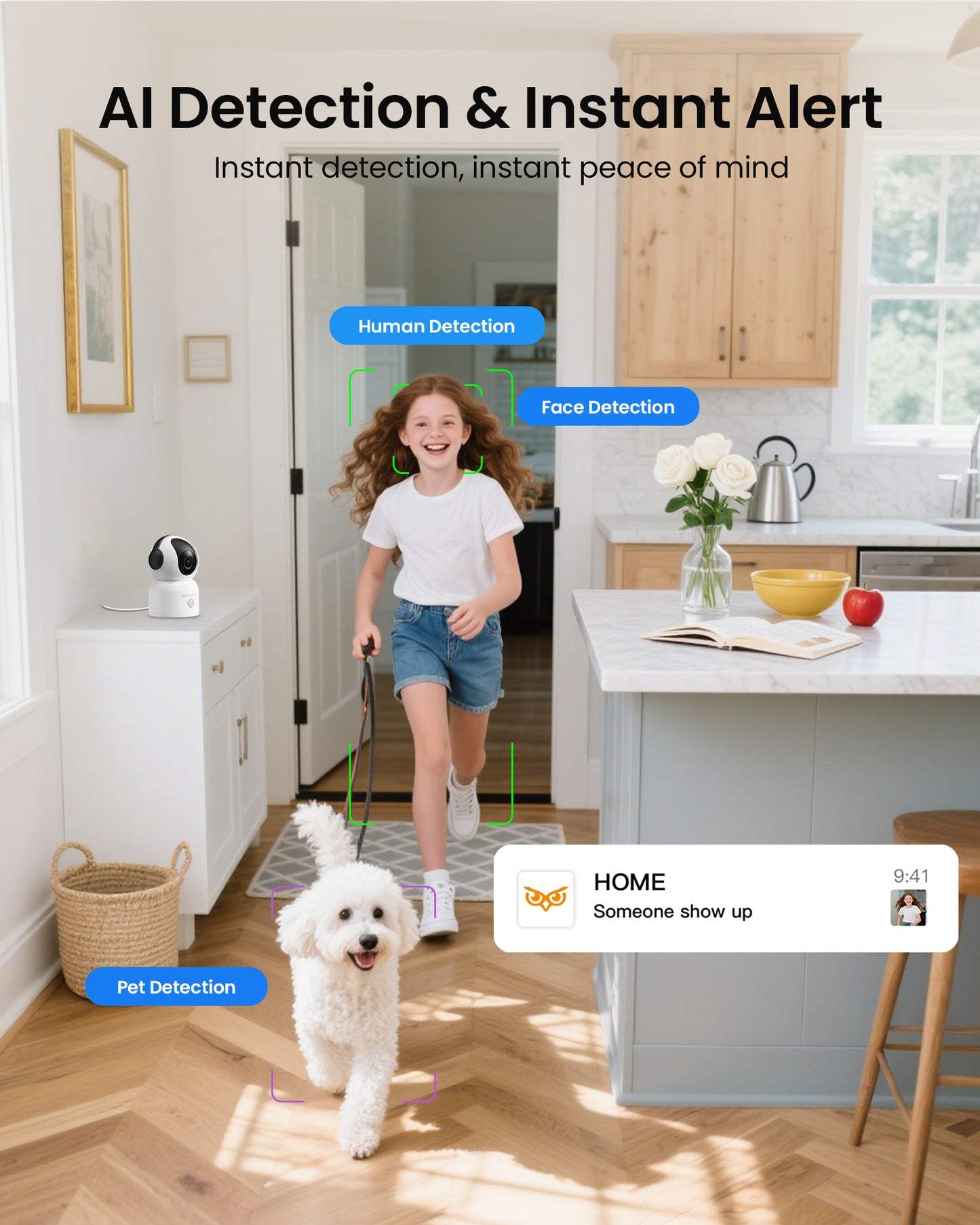 4K 8MP WiFi Camera, 4K 8MP 360°Pan/Tilt Indoor Camera, 2-Way Talk, One-Touch Calling, Full-Color Night Vision in Low Light, Smart AI Detection, Auto Tracking, for Kids/Elderly/Pets, Black