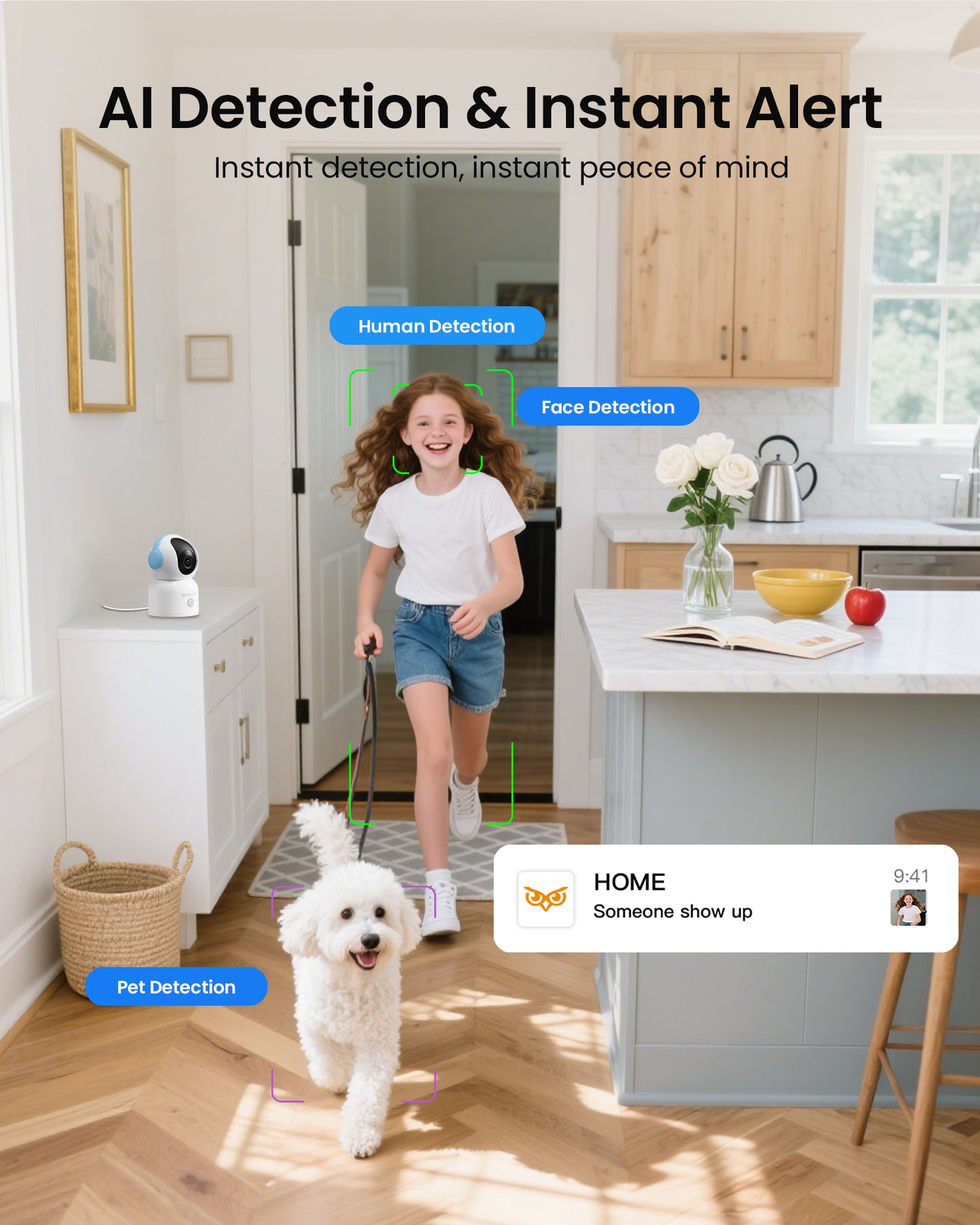 4K 8MP Indoor Security Camera with 64GB Memory Card, 5GHz/2.4GHz WiFi Camera, 360° Pan/Tilt IP Camera, Auto Tracking, AI Human/Face/Pet Detection, Night Vision, 2-Way Audio, One-Touch Call