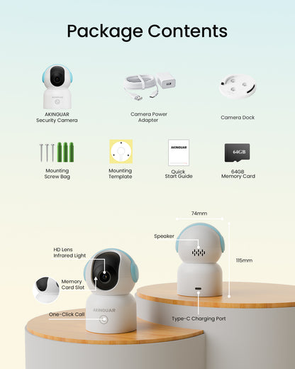 4K 8MP Indoor WiFi Security Camera | 64GB Memory Card  | 360° Pan/Tilt | Human/Pet/Motion Detection | 2-Way Talk
