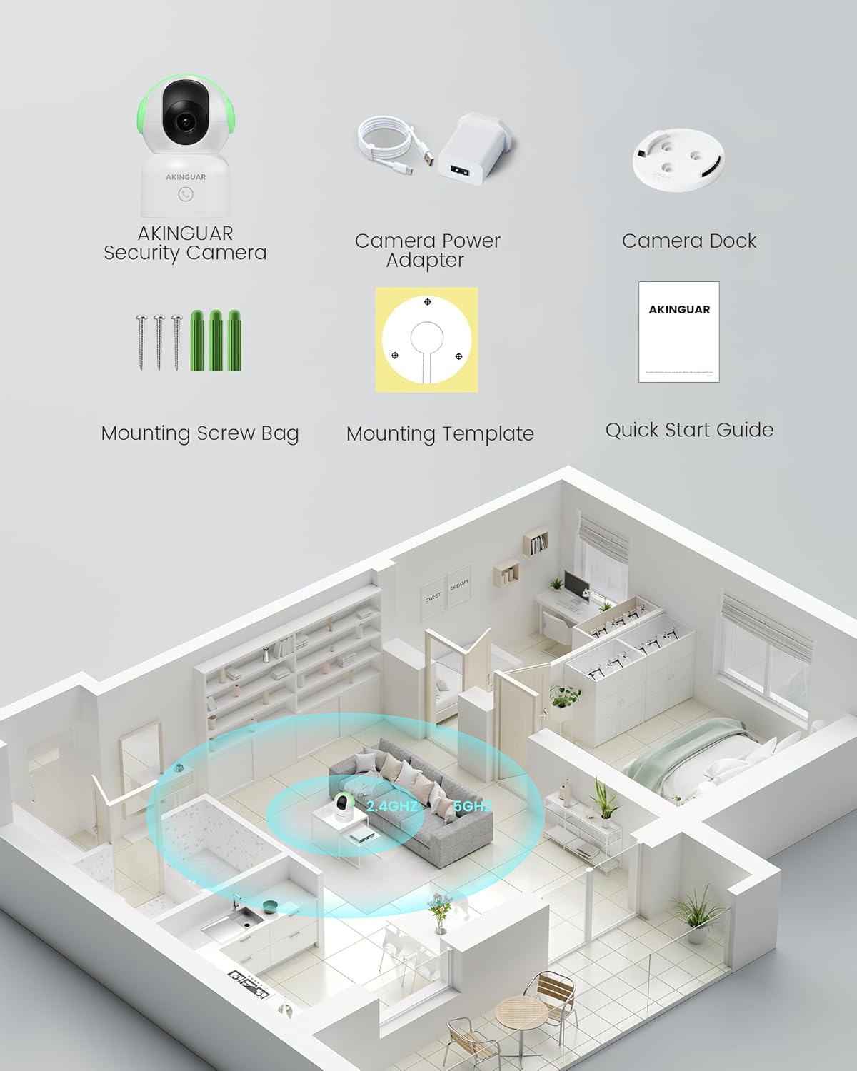 2K Security Camera for Home, 360°Pan Indoor Security Cameras with Motion Detection & One-Touch Call, Color Night Vision, Compatible with Alexa