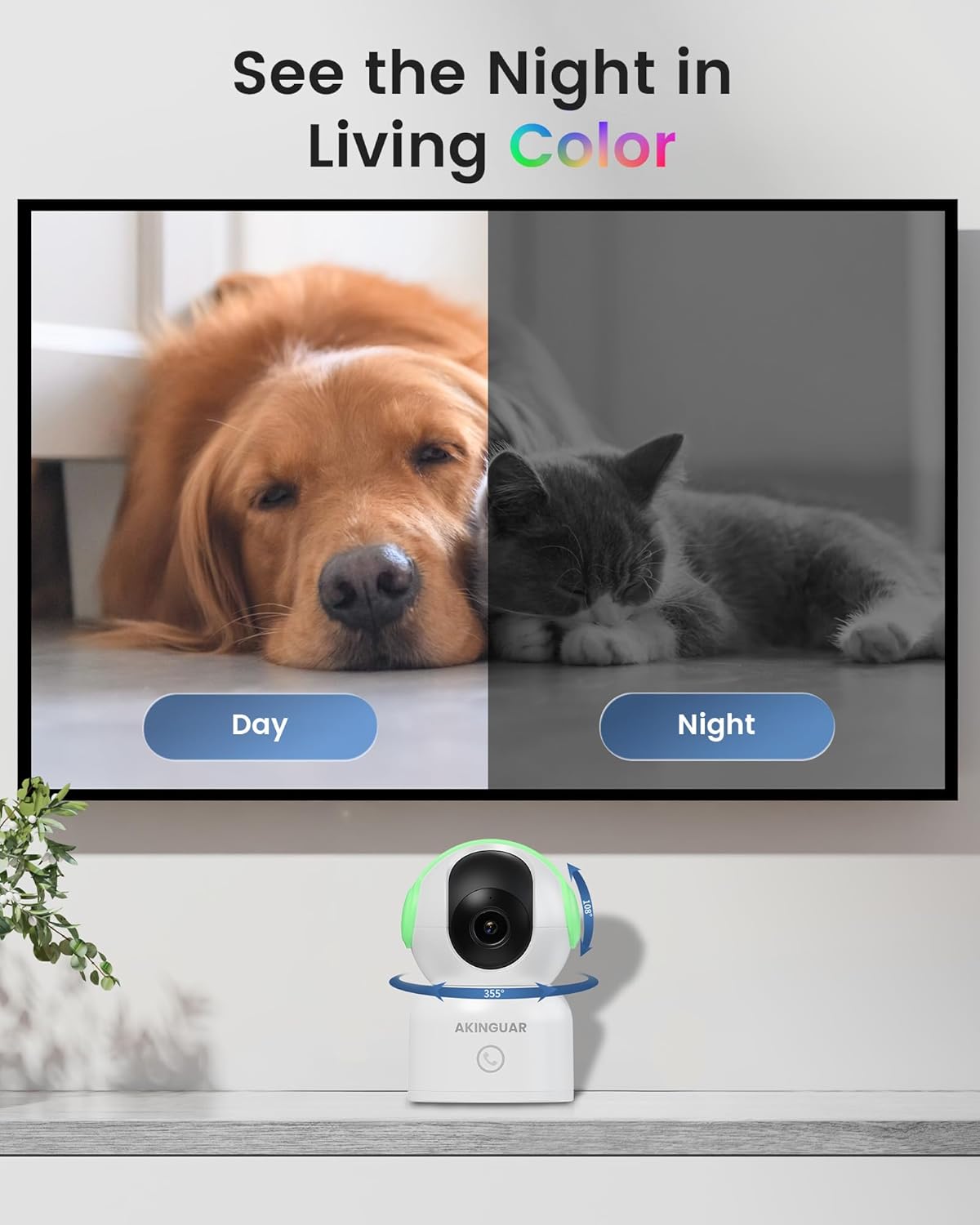 2K Security Camera for Home, 360°Pan Indoor Security Cameras with Motion Detection & One-Touch Call, Color Night Vision, Compatible with Alexa