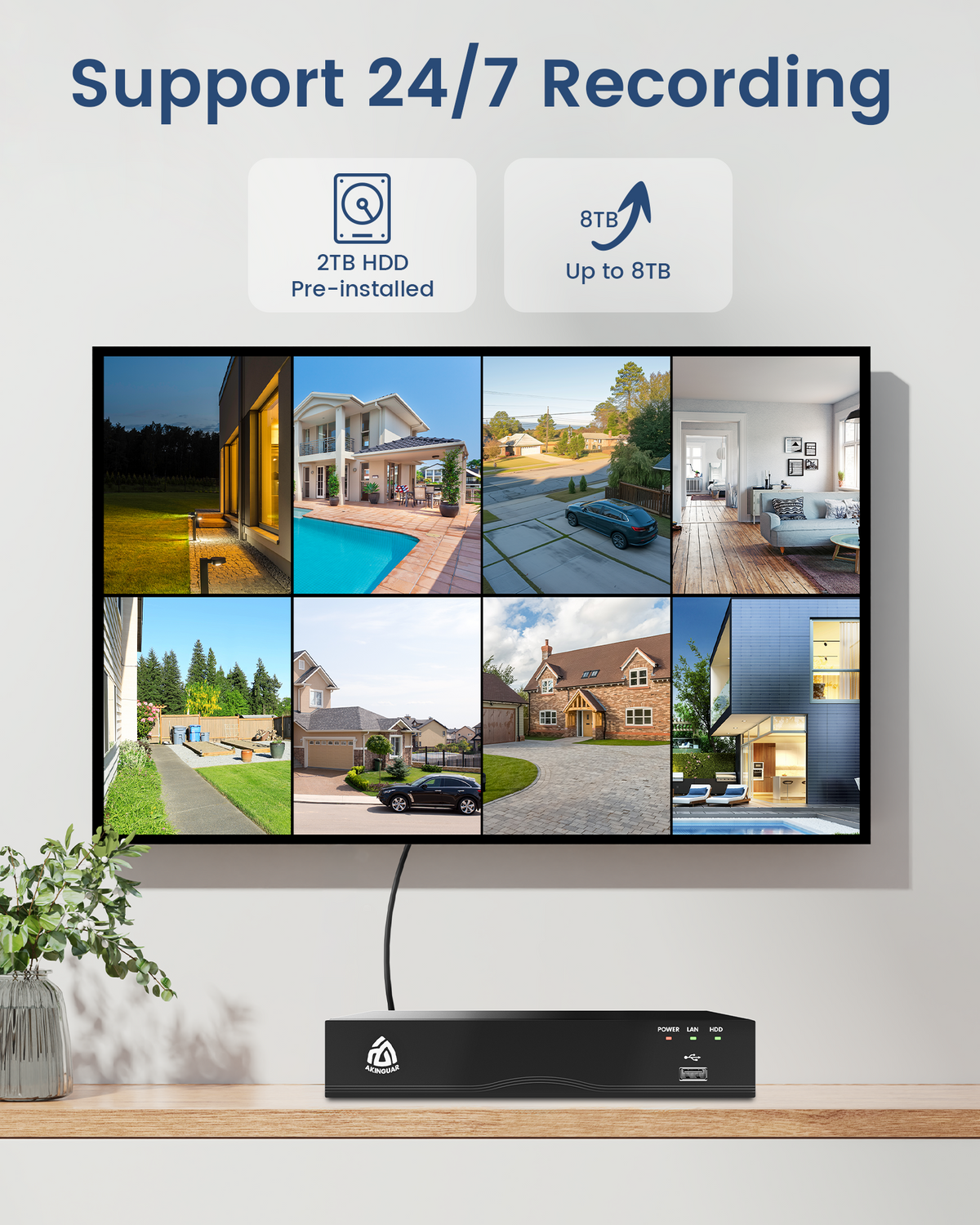 5MP Home Security Camera System | PoE IP Cameras + 8CH NVR with 2TB HDD | Full Color Night Vision | Person/Vehicle Detection | Spotlight Siren