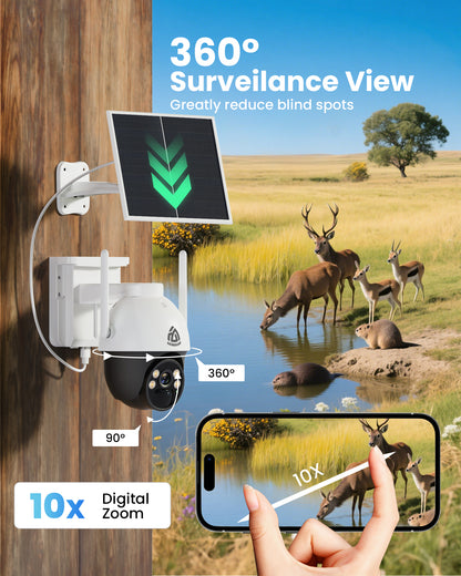 4G LTE Cellular Security Camera, Wireless Solar Security Camera Built in SIM Card, No Wi-Fi Outdoor Solar Powered Camera, 360° Live View, 2K 4MP Color Night Vision, 2 Way Talk, PIR Motion Detection & Alert