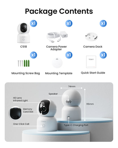 TEWY 8MP UHD Indoor WiFi Camera, Pan Tilt Zoom