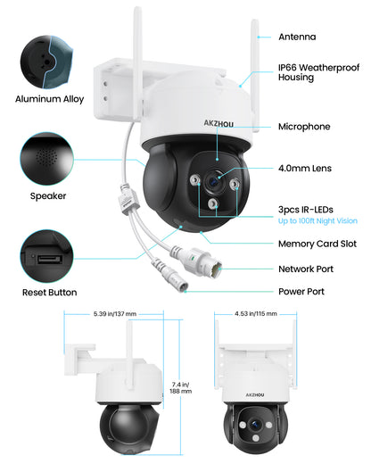 AKZHOU WiFi Camera,PTZ, Up to 128GB Local Storage